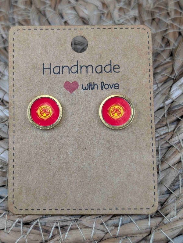 Kyrgyzstan Flag Stud Earrings - Handmade – Gold or Silver Colour - 12mm resin Gold Colour