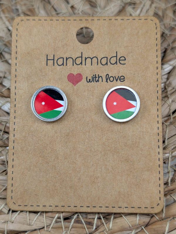 Jordan Flag Stud Earrings - Handmade – Gold or Silver Colour - 12mm resin Silver colour