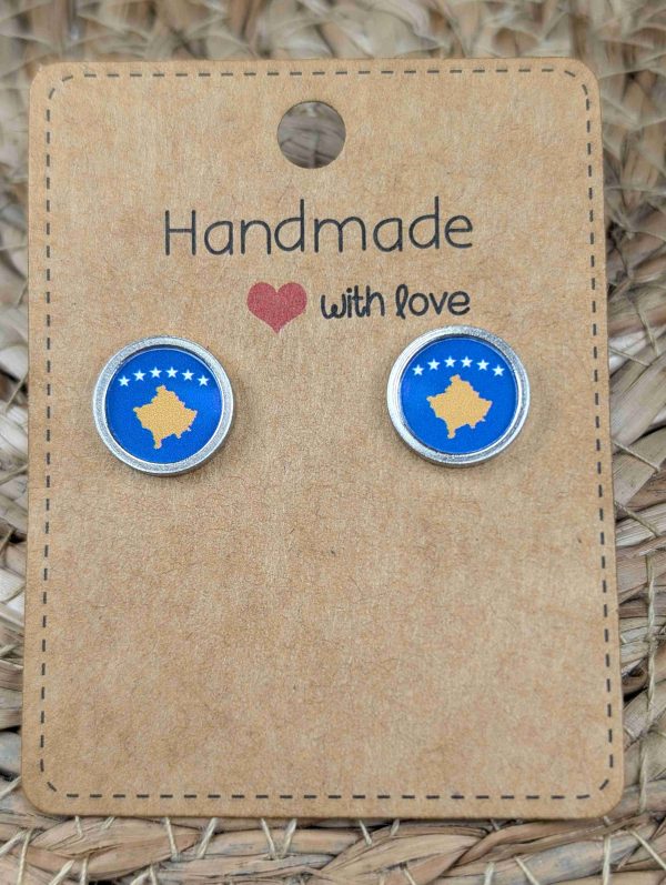 Kosovo Flag Stud Earrings - Handmade – Gold or Silver Colour - 12mm resin Silver Colour