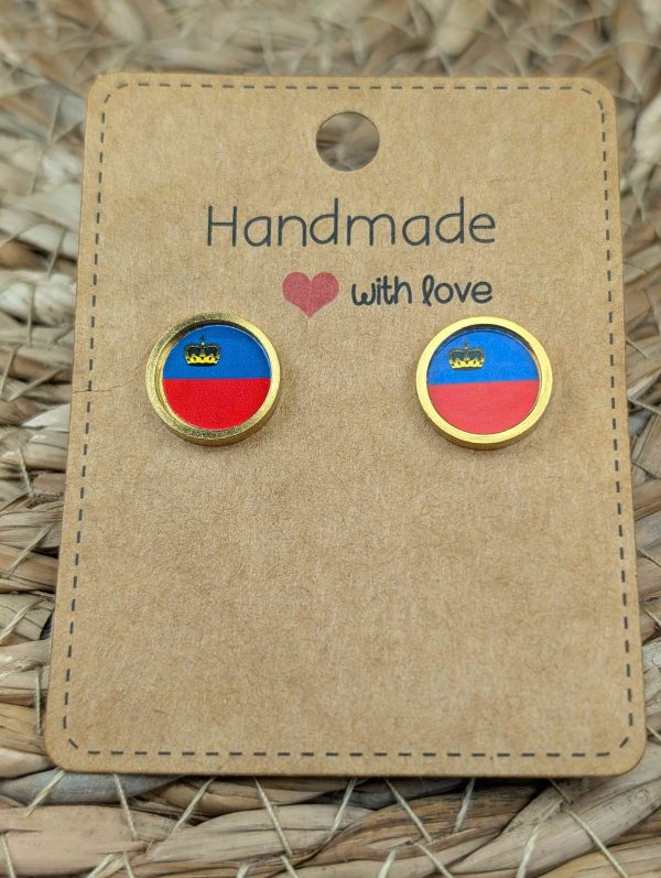Liechtenstein Flag Stud Earrings - Handmade – Gold or Silver Colour - 12mm resin Gold colour