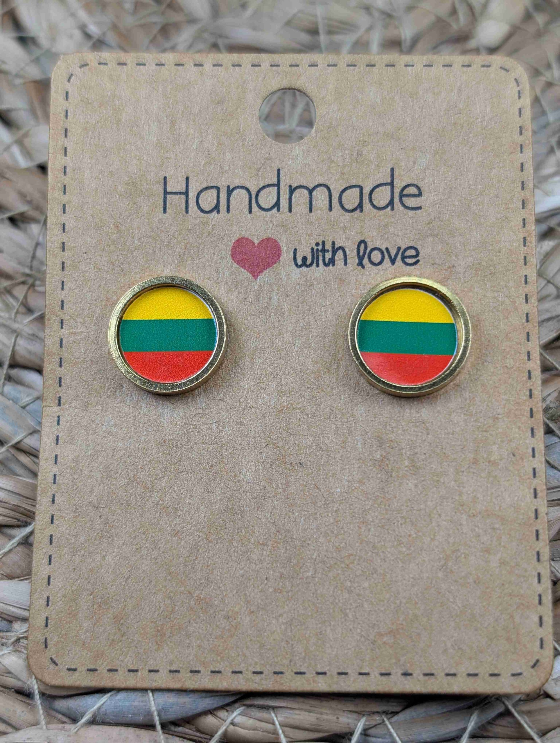 Lithuania Flag Stud Earrings - Handmade – Gold or Silver Colour - 12mm resin Gold Colour