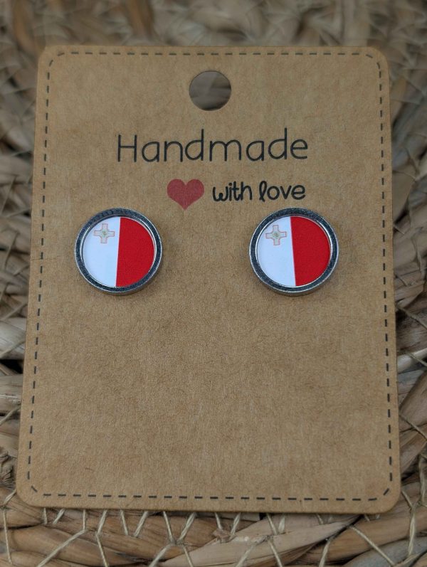 Malta Flag Stud Earrings - Handmade – Gold or Silver Colour - 12mm resin Silver Colour