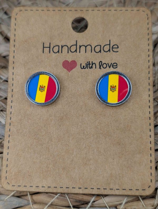 Moldova Flag Stud Earrings - Handmade – Gold or Silver Colour - 12mm resin Silver colour