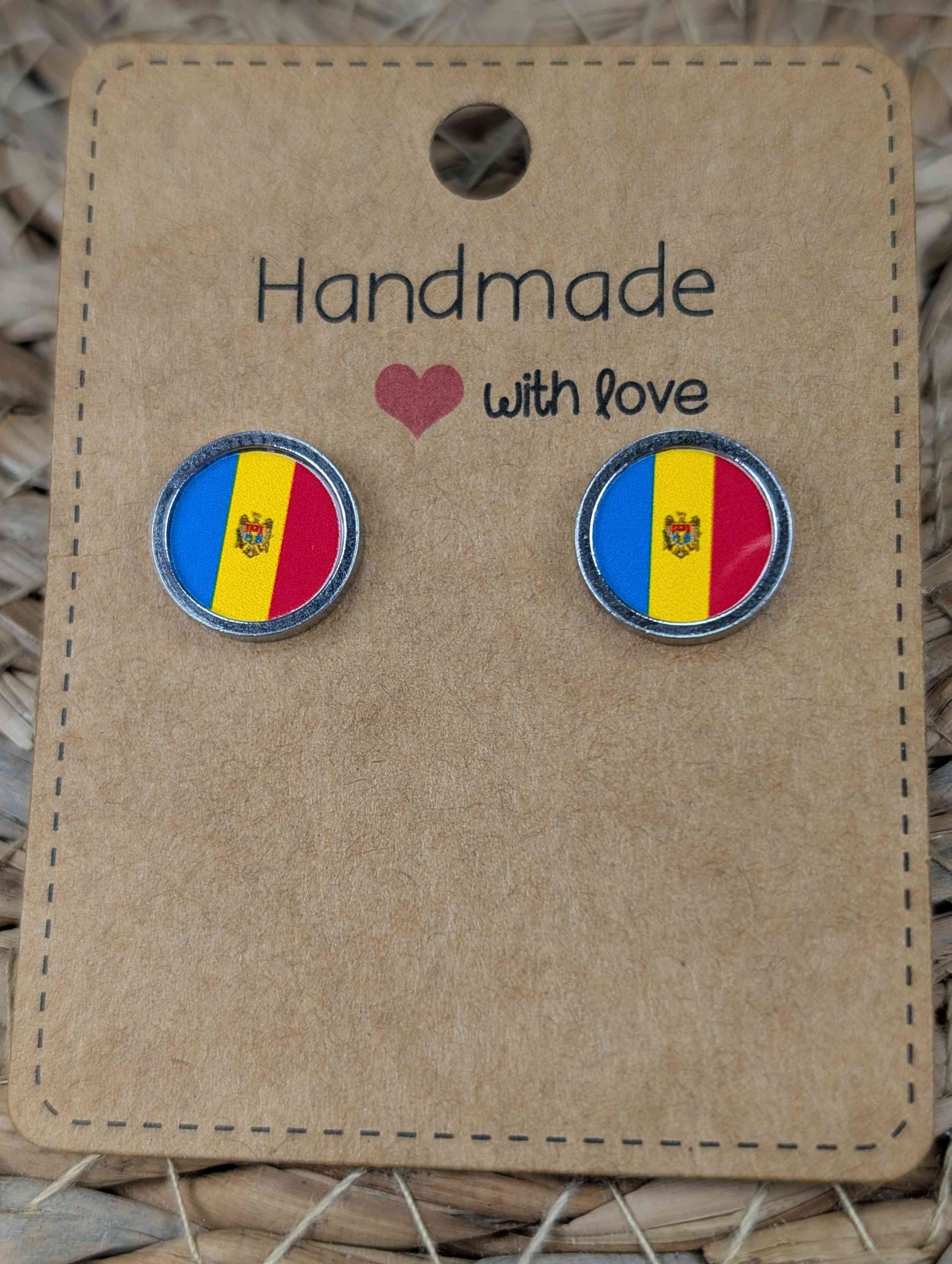 Moldova Flag Stud Earrings - Handmade – Gold or Silver Colour - 12mm resin Silver colour