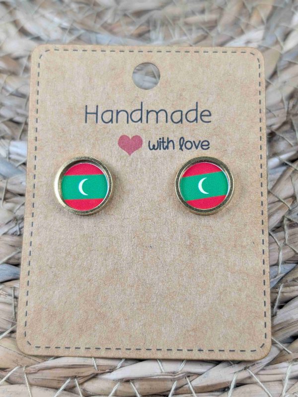 Maldives Flag Stud Earrings - Handmade – Gold or Silver Colour - 12mm resin Gold colour