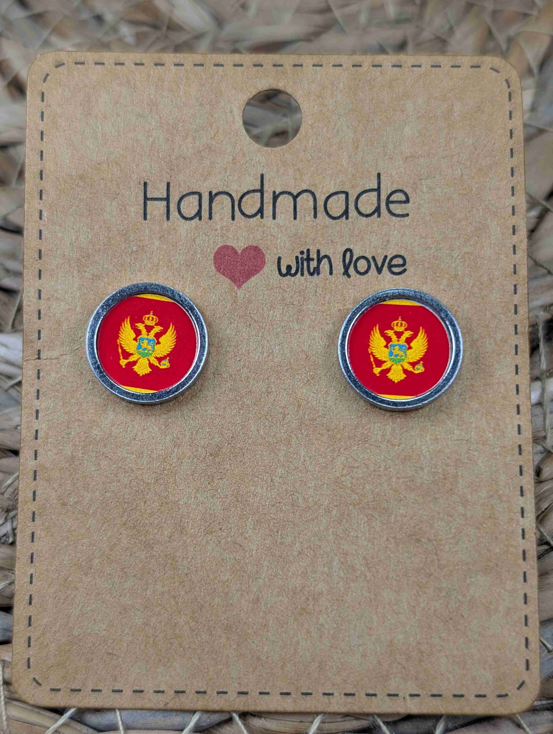 Montenegro Flag Stud Earrings - Handmade – Gold or Silver Colour - 12mm resin Silver Colour