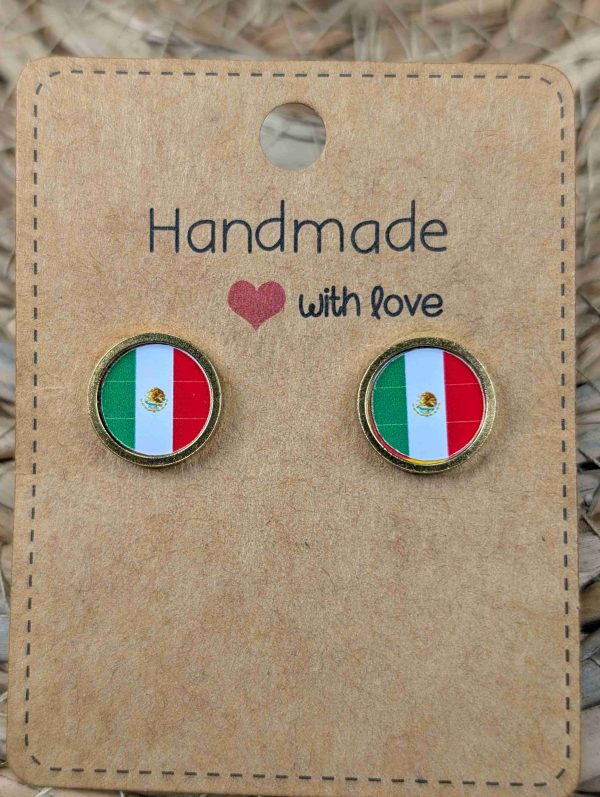 Mexico Flag Stud Earrings - Handmade – Gold or Silver Colour - 12mm resin Gold Colour