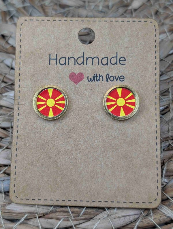 North Macedonia Flag Stud Earrings - Handmade – Gold or Silver Colour - 12mm resin Gold Colour