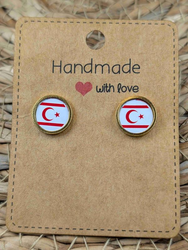 Northern Cyprus Flag Stud Earrings - Handmade – Gold or Silver Colour - 12mm resin Gold Colour