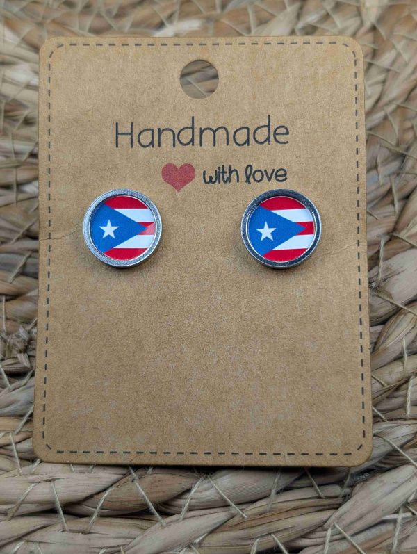 Puerto Rico Flag Stud Earrings - Handmade – Gold or Silver Colour - 12mm resin Silver Colour