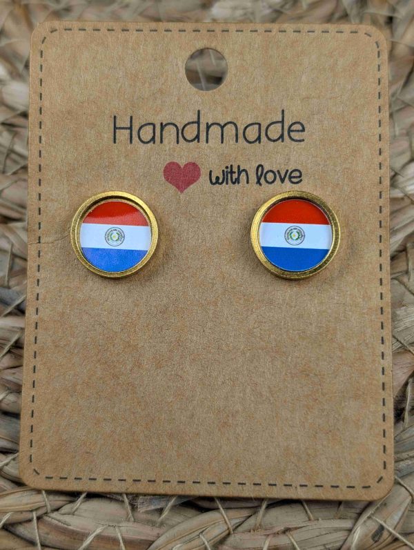 Paraguay Flag Stud Earrings - Handmade – Gold or Silver Colour - 12mm resin Gold colour