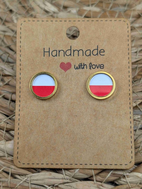 Poland Flag Stud Earrings - Handmade – Gold or Silver Colour - 12mm resin Gold colour