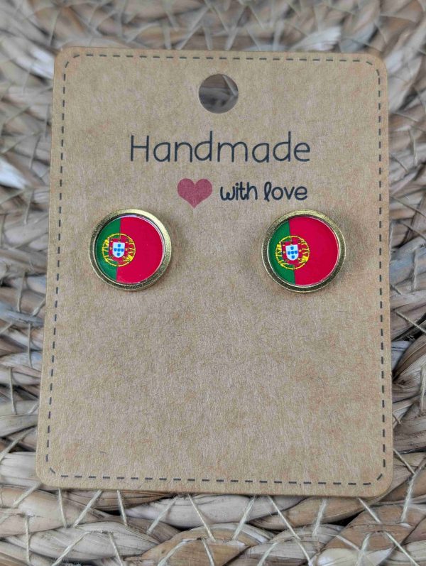Portugal Flag Stud Earrings - Handmade – Gold or Silver Colour - 12mm resin Gold Colour