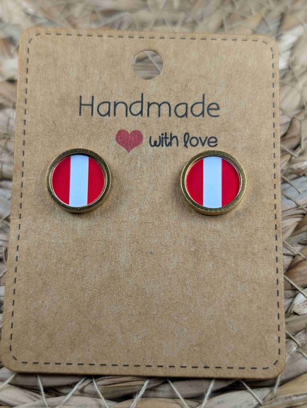 Peru Flag Stud Earrings - Handmade – Gold or Silver Colour - 12mm resin Gold Colour