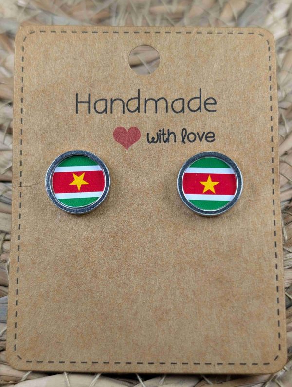 Suriname Flag Stud Earrings - Handmade – Gold or Silver Colour - 12mm resin Silver Colour