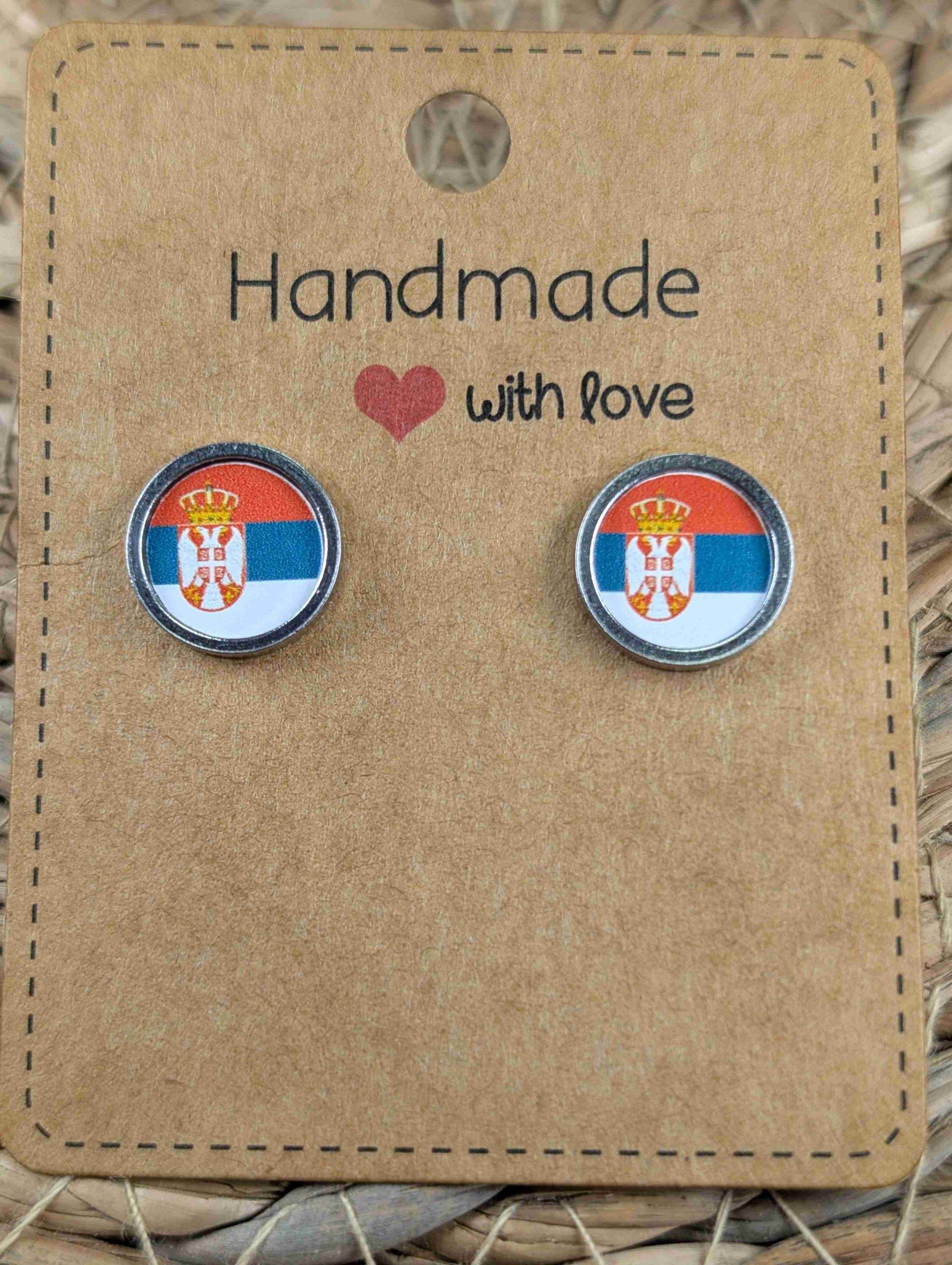 Serbia Flag Stud Earrings - Handmade – Gold or Silver Colour - 12mm resin Silver Colour