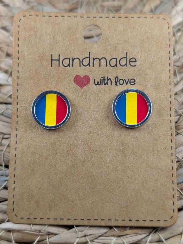 Romania Flag Stud Earrings - Handmade – Gold or Silver Colour - 12mm resin Silver Colour