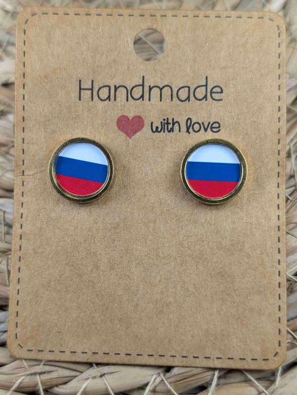 Russia Flag Stud Earrings - Handmade – Gold or Silver Colour - 12mm resin Gold Colour