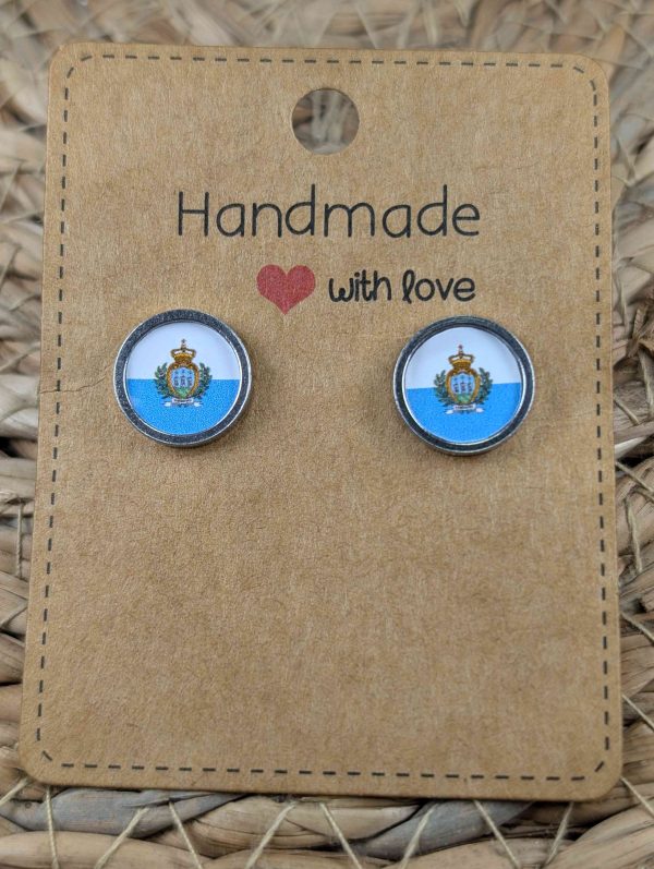 San Marino Flag Stud Earrings - Handmade – Gold or Silver Colour - 12mm resin Silver Colour