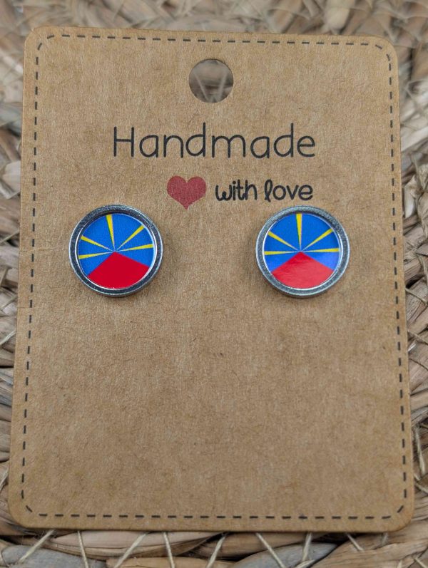 Reunion Flag Stud Earrings - Handmade – Gold or Silver Colour - 12mm resin Silver Colour
