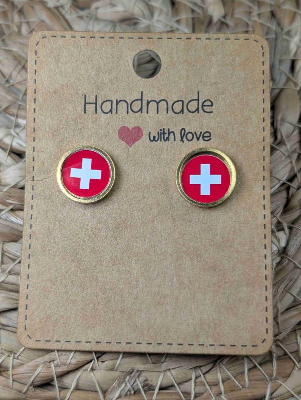 Switzerland Flag Stud Earrings - Handmade – Gold or Silver Colour - 12mm resin Gold Colour