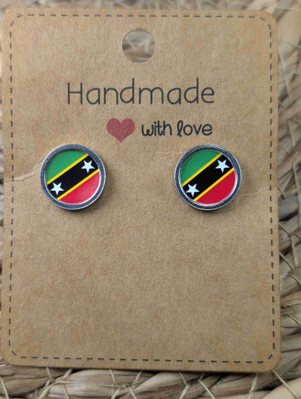 St Kitts & Nevis Flag Stud Earrings - Handmade – Gold or Silver Colour - 12mm resin Silver Colour