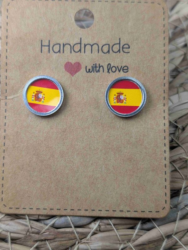 Spain Flag Stud Earrings - Handmade – Gold or Silver Colour - 12mm resin Silver Colour