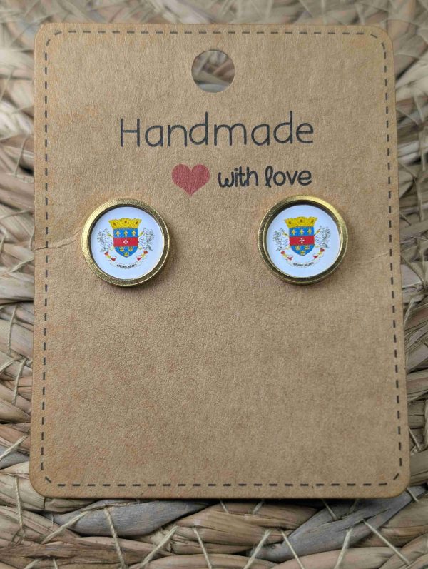 St Barts Flag Stud Earrings - Handmade – Gold or Silver Colour - 12mm resin Gold Colour