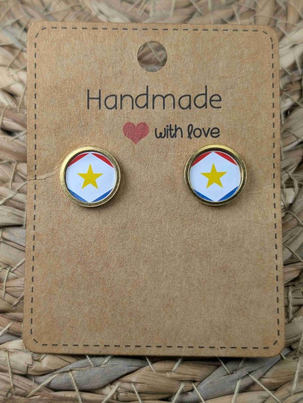 Saba Flag Stud Earrings - Handmade – Gold or Silver Colour - 12mm resin Gold colour