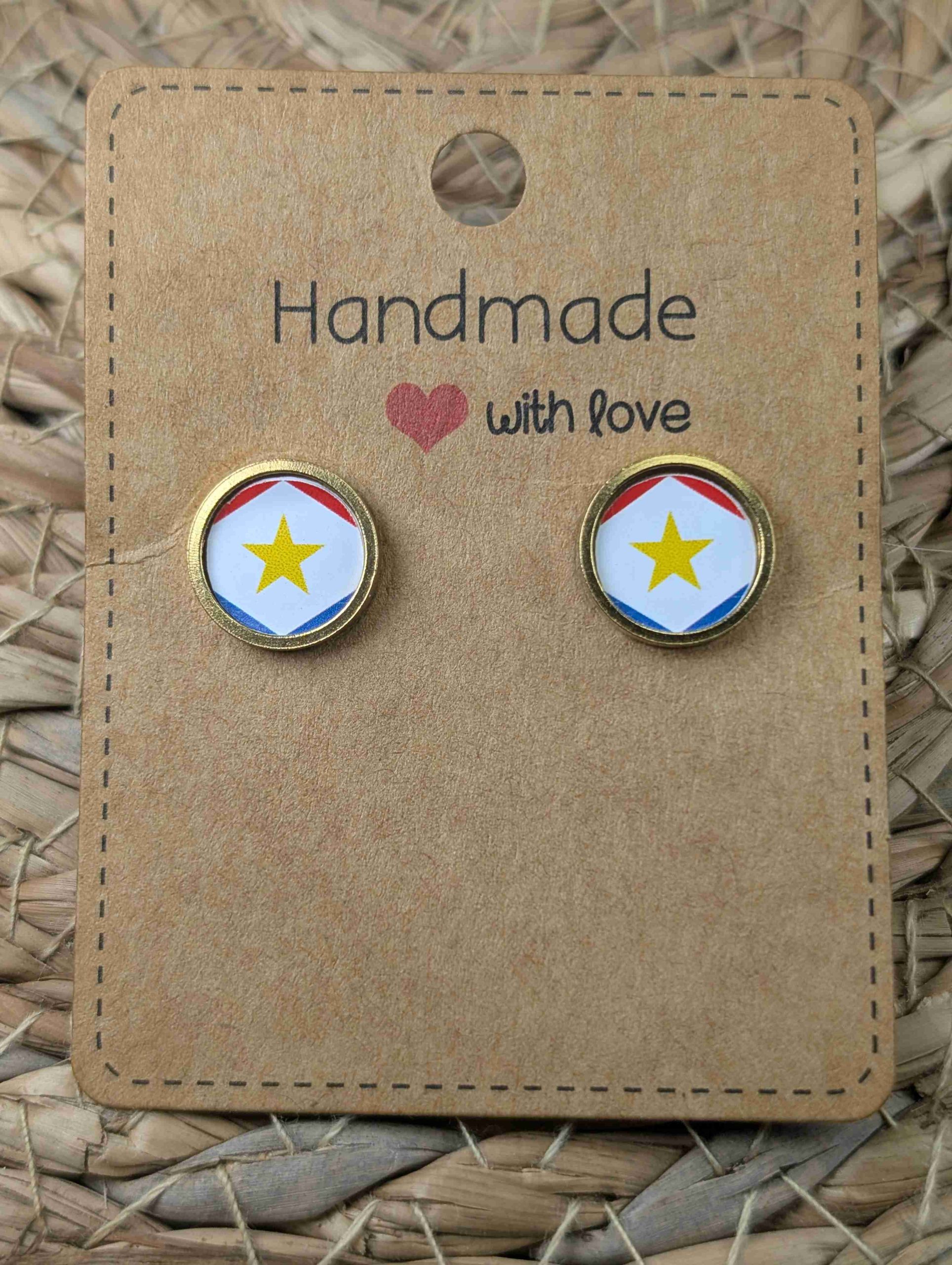 Saba Flag Stud Earrings - Handmade – Gold or Silver Colour - 12mm resin Gold colour