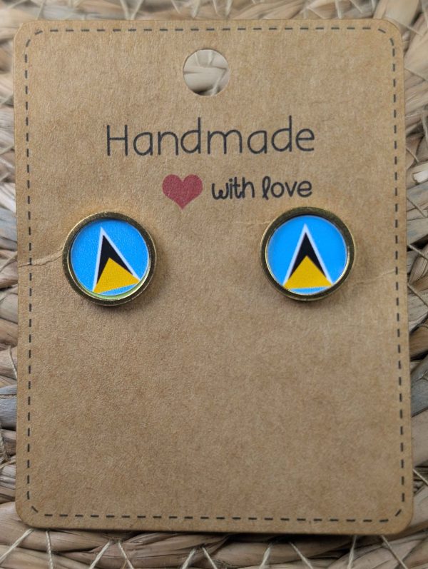 St Lucia Flag Stud Earrings - Handmade – Gold or Silver Colour - 12mm resin Gold Colour
