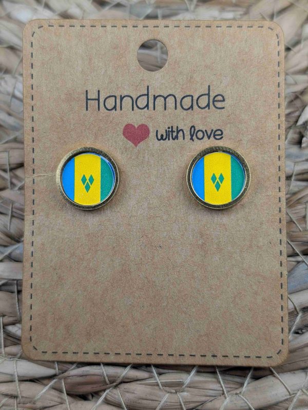St Vincent and the Grenadines Flag Stud Earrings - Gold or Silver Colour - 12mm resin Gold Colour