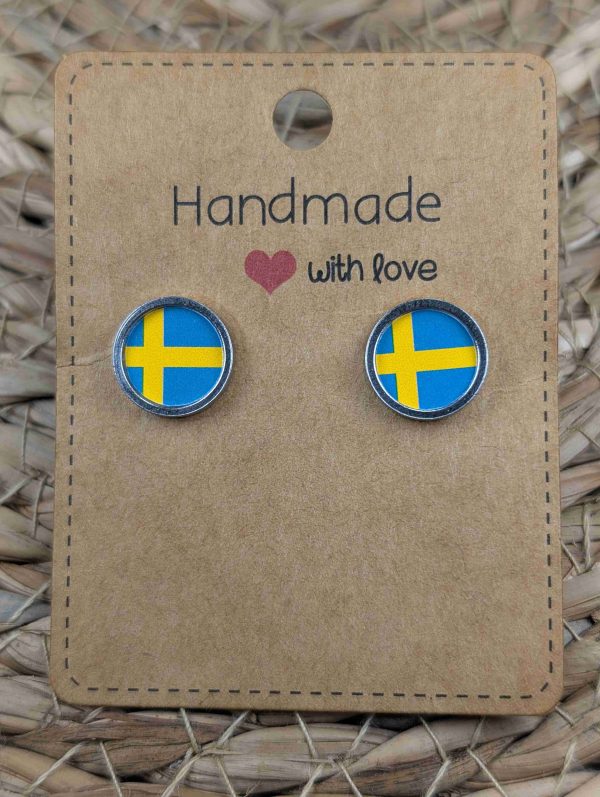 Sweden Flag Stud Earrings - Gold or Silver Colour - 12mm resin Silver Colour