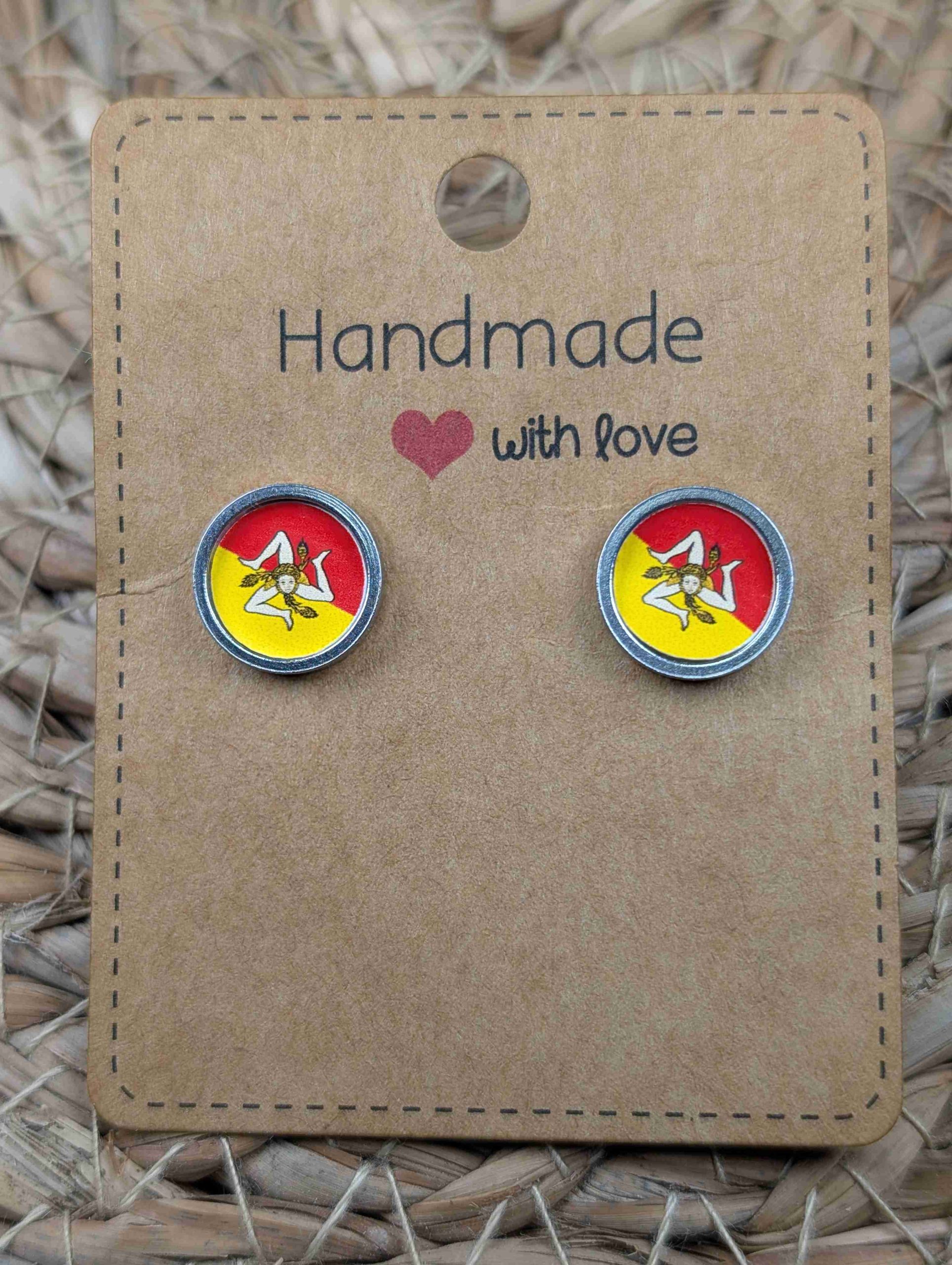 Sicily Flag Stud Earrings - Gold or Silver Colour - 12mm resin Silver Colour