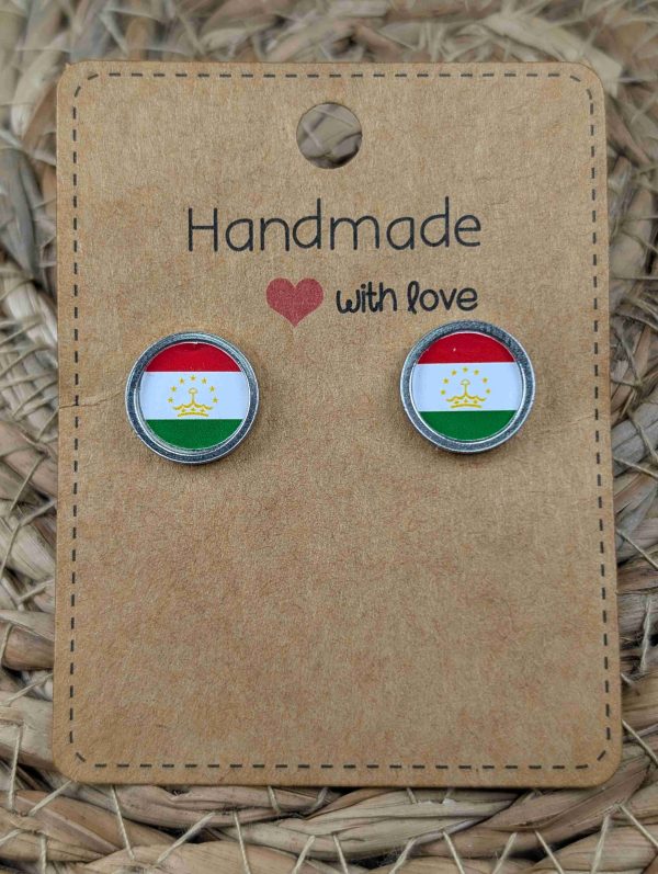 Tajikistan Flag Stud Earrings - Gold or Silver Colour - 12mm resin Silver colour