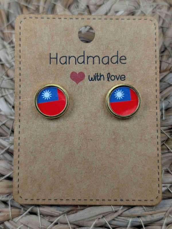Taiwan Flag Stud Earrings - Gold or Silver Colour - 12mm resin Gold Colour