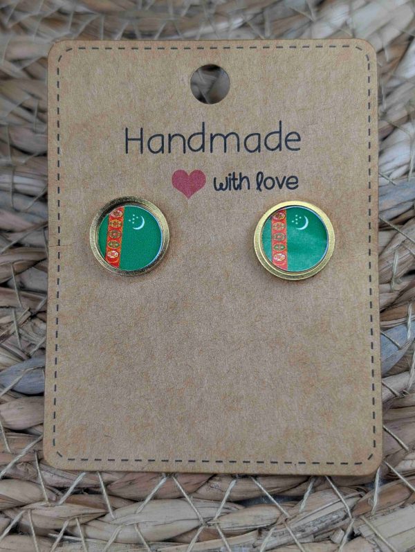 Turkmenistan Flag Stud Earrings - Gold or Silver Colour - 12mm resin Gold Colour