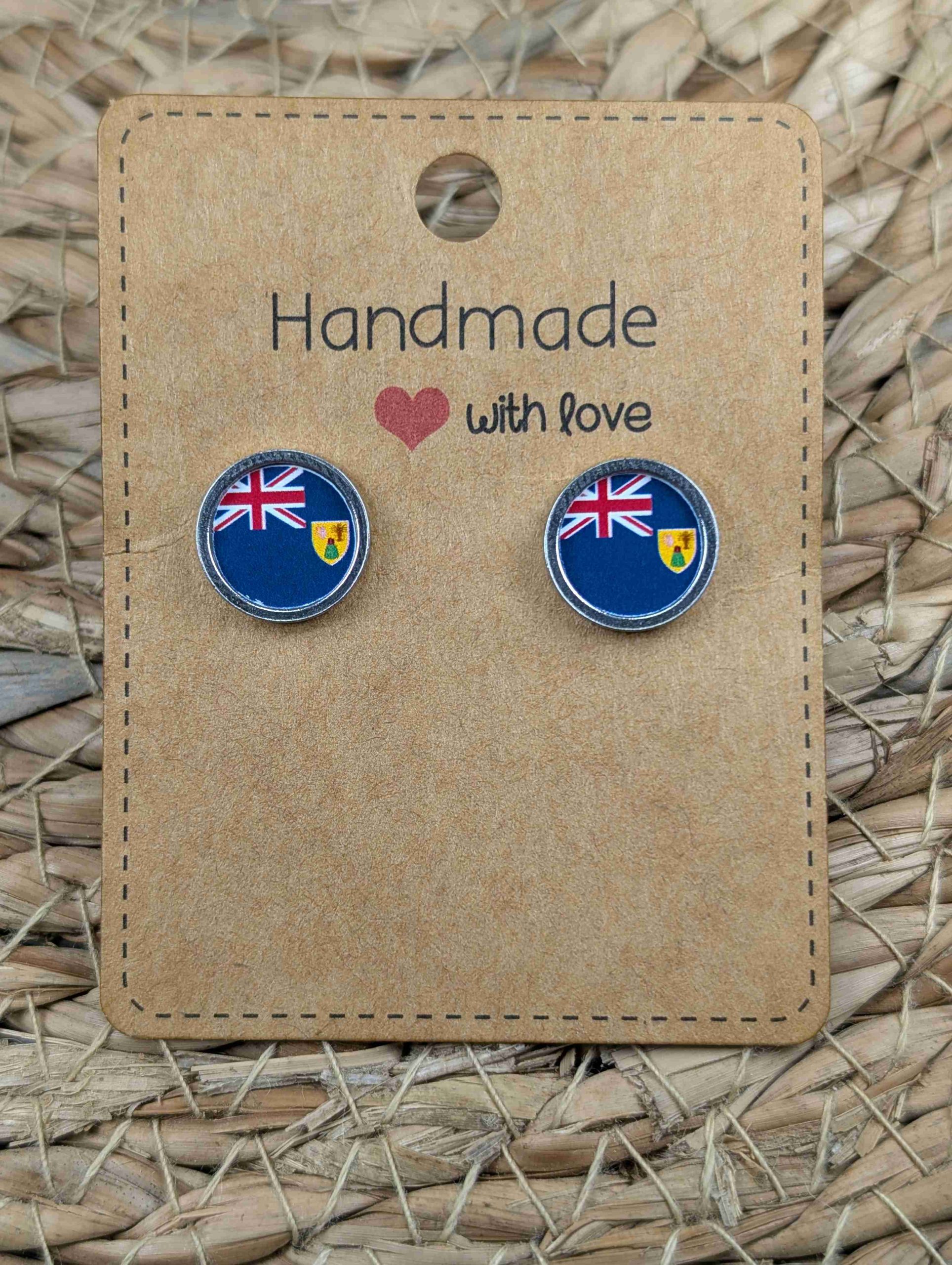 Turks & Caicos Flag Stud Earrings - Gold or Silver Colour - 12mm resin Silver Colour