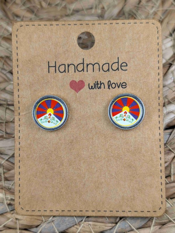 Tibet Flag Stud Earrings - Gold or Silver Colour - 12mm resin Silver colour