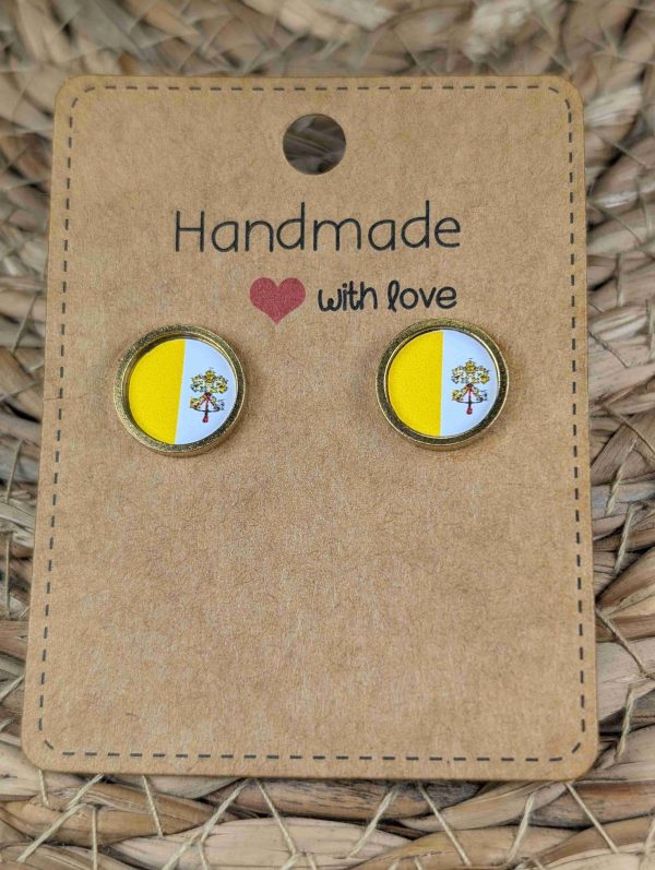 Vatican City Flag Stud Earrings - Handmade - Gold or Silver Colour - 12mm resin Gold Colour