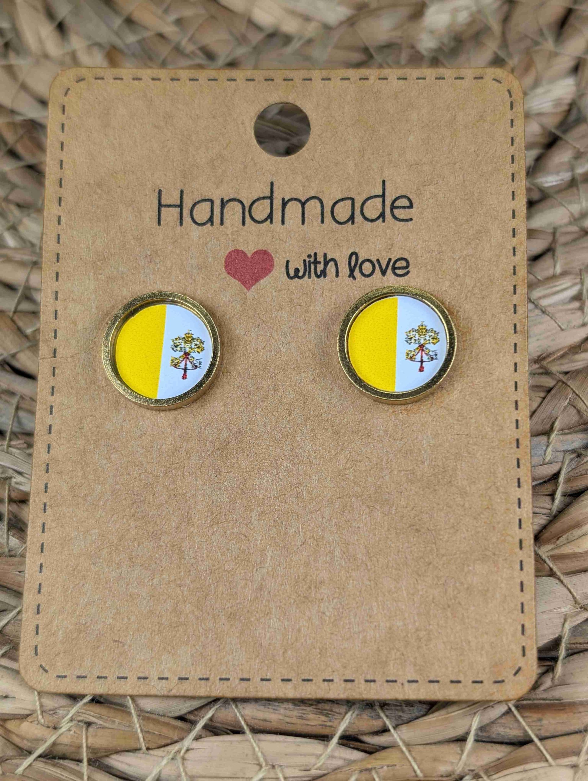 Vatican City Flag Stud Earrings - Handmade - Gold or Silver Colour - 12mm resin Gold Colour