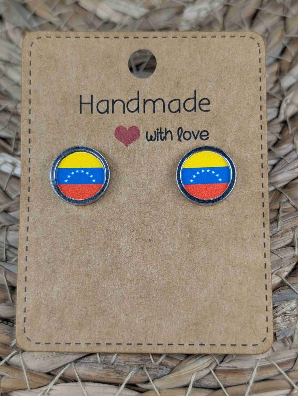 Venezuela Flag Stud Earrings - Handmade - Gold or Silver Colour - 12mm resin Silver Colour