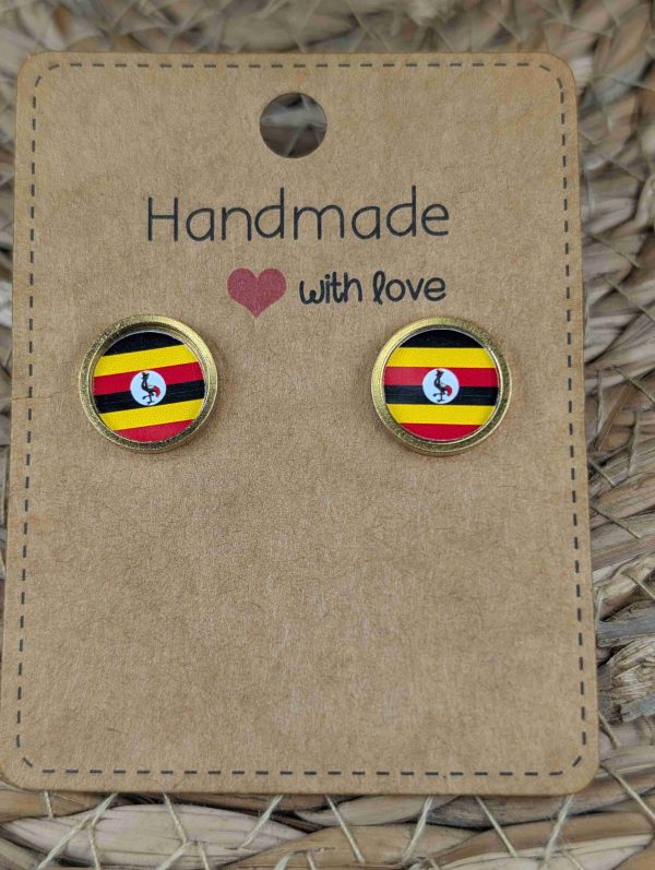 Uganda Flag Stud Earrings - Gold or Silver Colour - 12mm resin Gold Colour