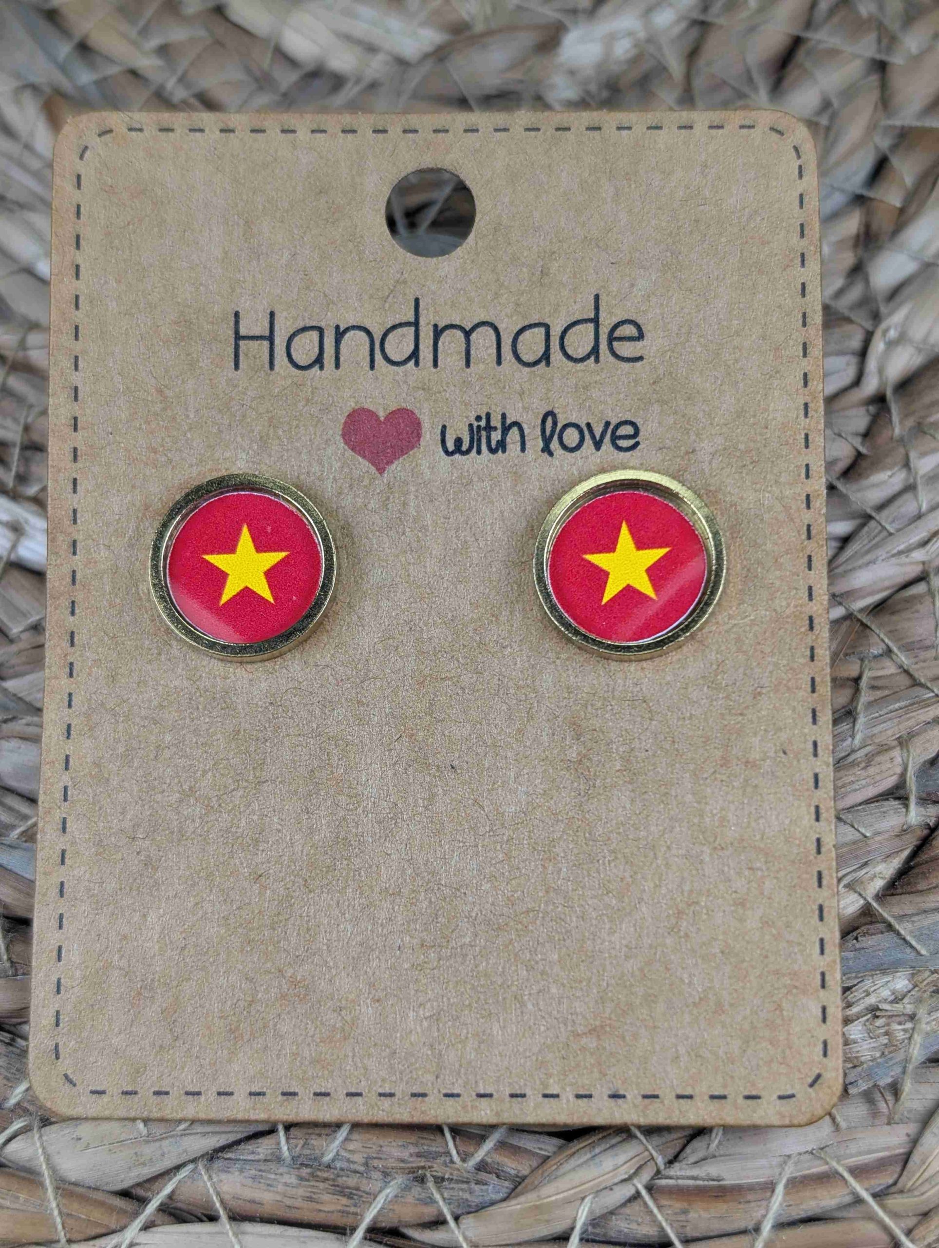 Vietnam Flag Stud Earrings - Handmade - Gold or Silver Colour - 12mm resin Gold Colour
