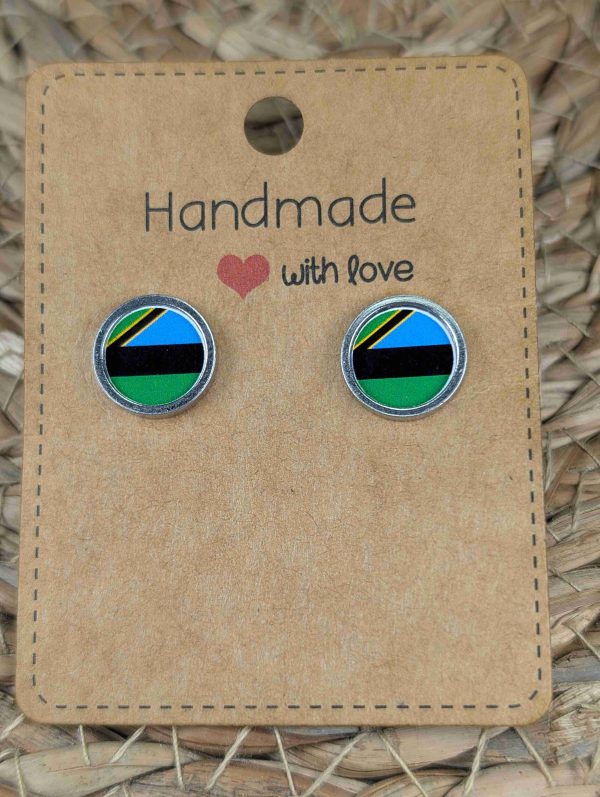 Zanzibar Flag Stud Earrings - Handmade - Gold or Silver Colour - 12mm resin Silver Colour