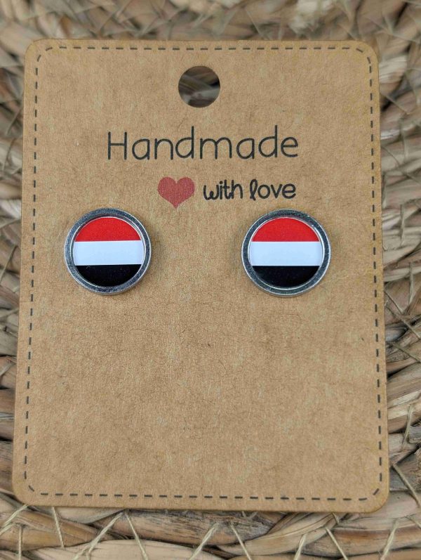 Yemen Flag Stud Earrings - Handmade - Gold or Silver Colour - 12mm resin Colour Colour
