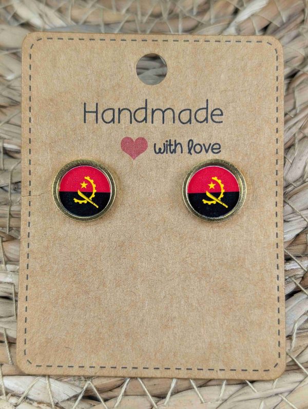 Angola Flag Stud Earrings - Handmade - Gold or Silver Colour - 12mm resin Gold Colour