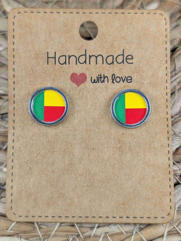 Benin Flag Stud Earrings - Handmade - Gold or Silver Colour - 12mm resin Silver Colour