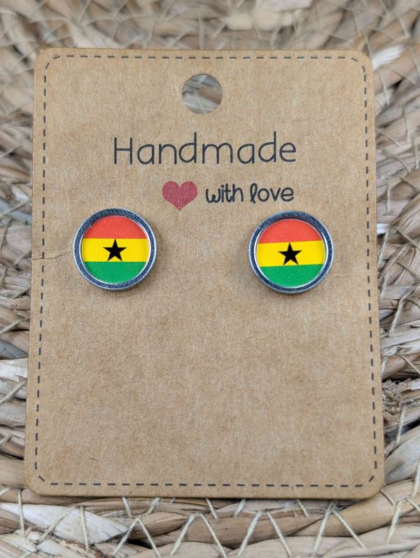 Ghana Flag Stud Earrings - Handmade - Gold or Silver Colour - 12mm resin Silver Colour