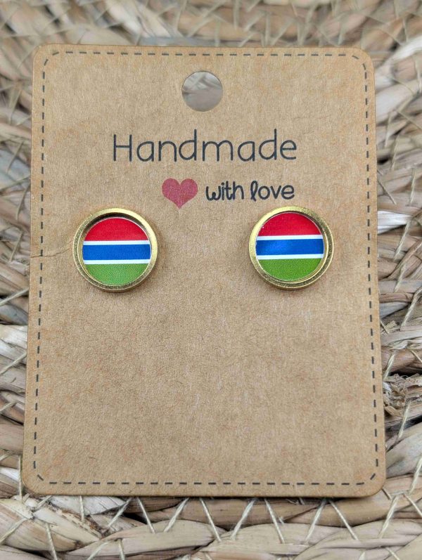 Gambia Flag Stud Earrings - Handmade - Gold or Silver Colour - 12mm resin Gold Colour